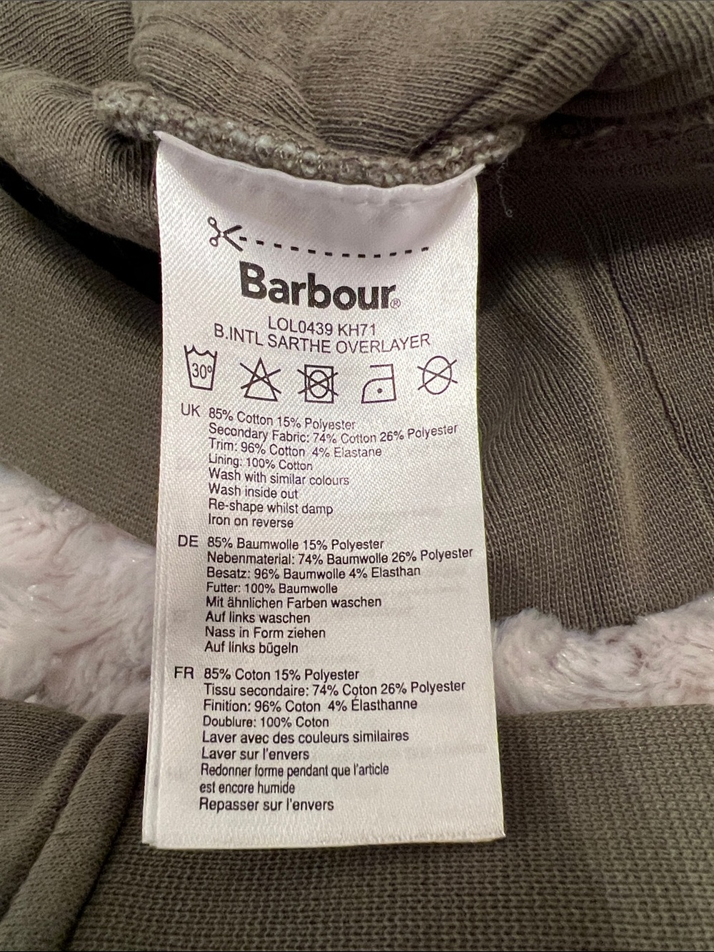 Barbour International Sarthe Overlayer Dusky Khaki Hoodie Sweatshirt Size 6 NWT - Picture 9 of 9